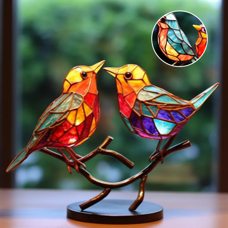 Stained Glass Birds on Branch Desktop Ornaments