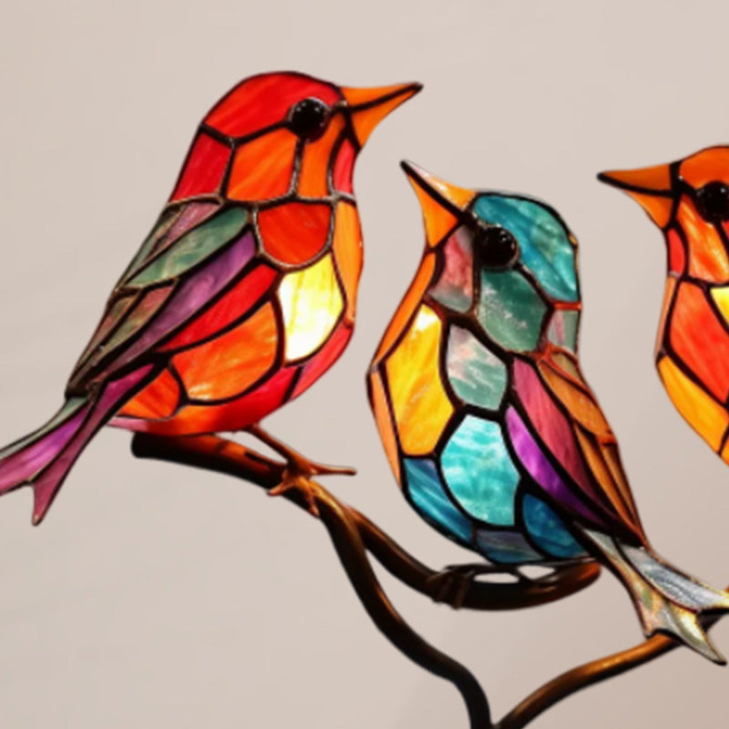 Stained Glass Birds on Branch Desktop Ornaments