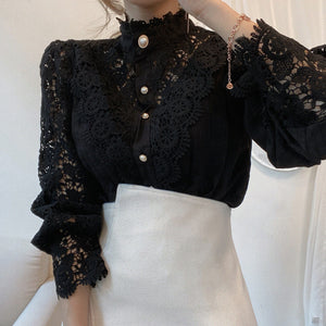 Hollow-Designed Floral High-Neck Blouse