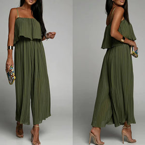 Spaghetti Strap Ruffle Hem Pleated Wide Leg Jumpsuit