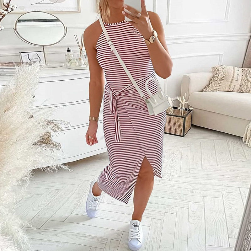 CASUAL SLEEVELESS STRIPED MIDI DRESSES