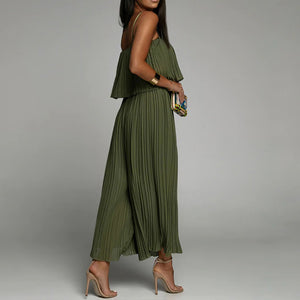 Spaghetti Strap Ruffle Hem Pleated Wide Leg Jumpsuit