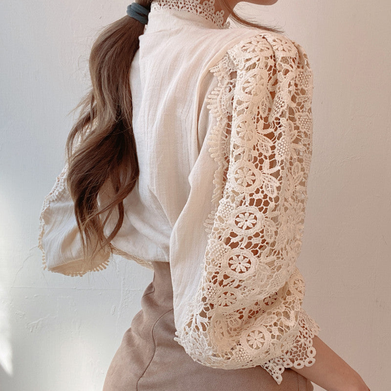 Hollow-Designed Floral High-Neck Blouse