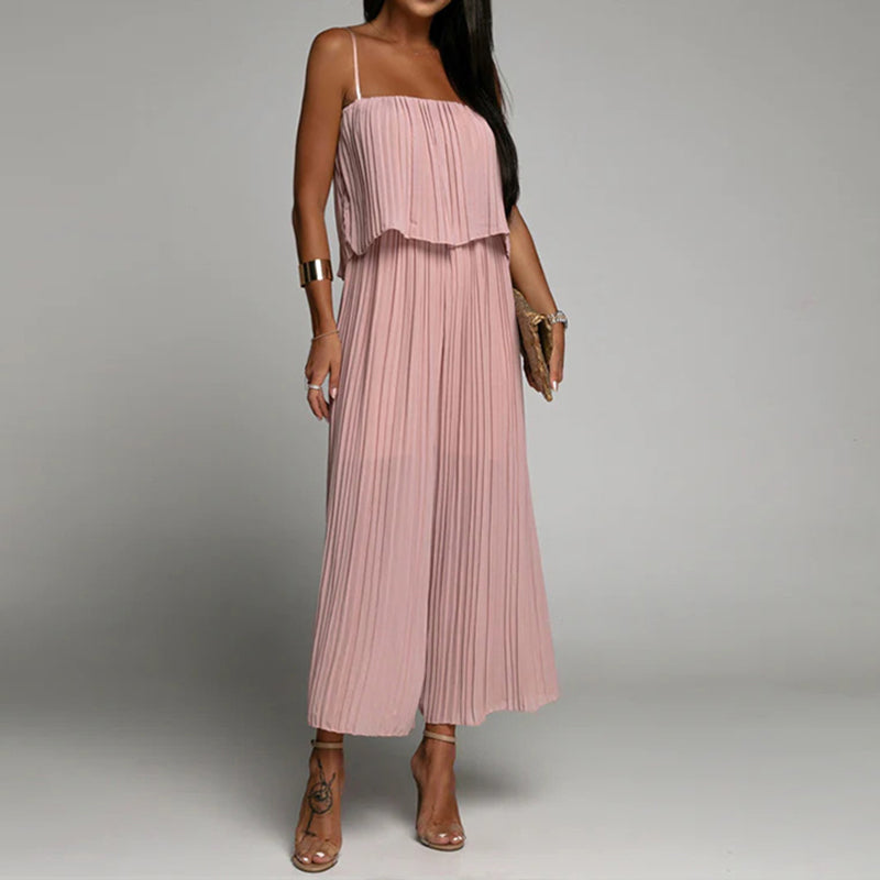 Spaghetti Strap Ruffle Hem Pleated Wide Leg Jumpsuit