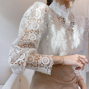 Hollow-Designed Floral High-Neck Blouse