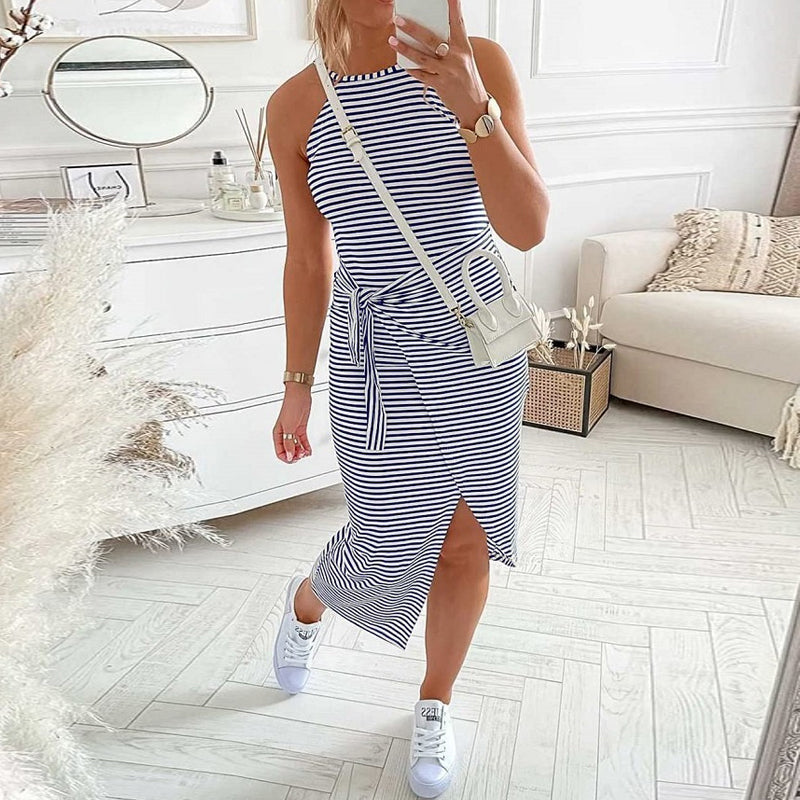 CASUAL SLEEVELESS STRIPED MIDI DRESSES