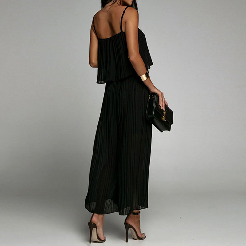 Spaghetti Strap Ruffle Hem Pleated Wide Leg Jumpsuit