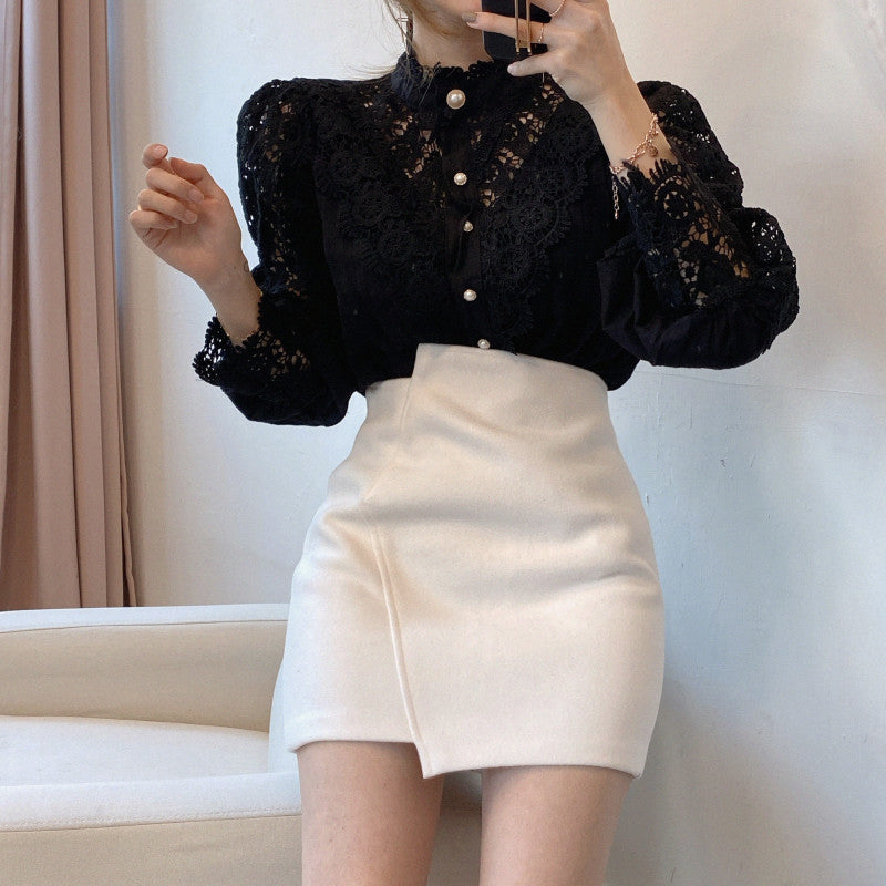 Hollow-Designed Floral High-Neck Blouse