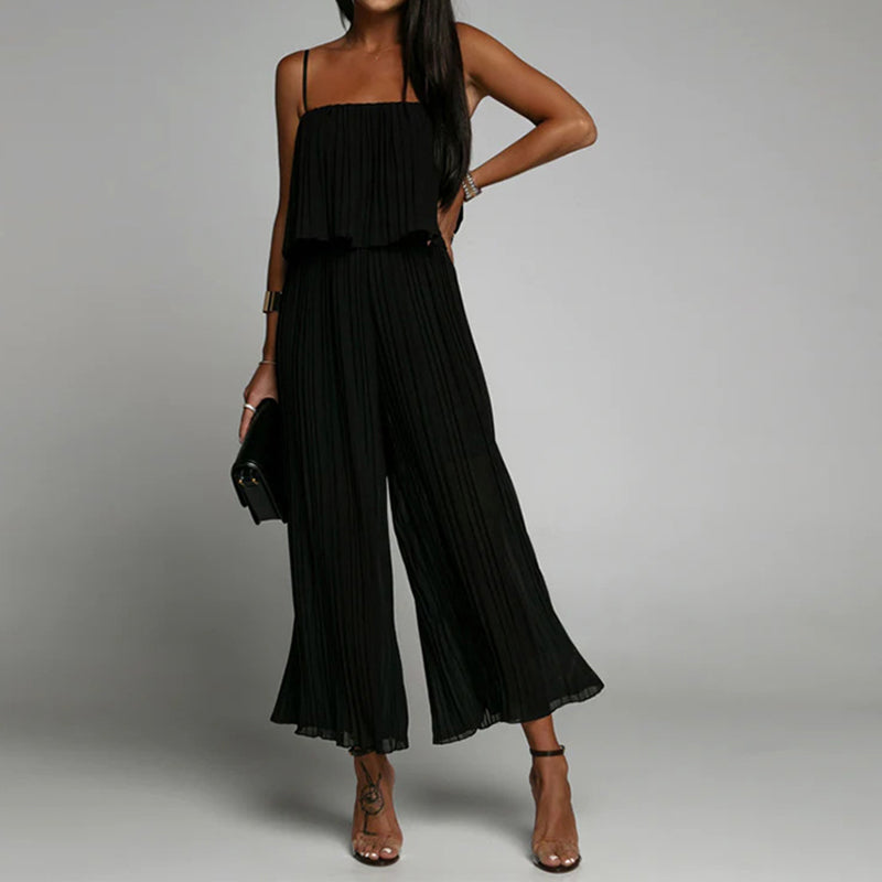 Spaghetti Strap Ruffle Hem Pleated Wide Leg Jumpsuit