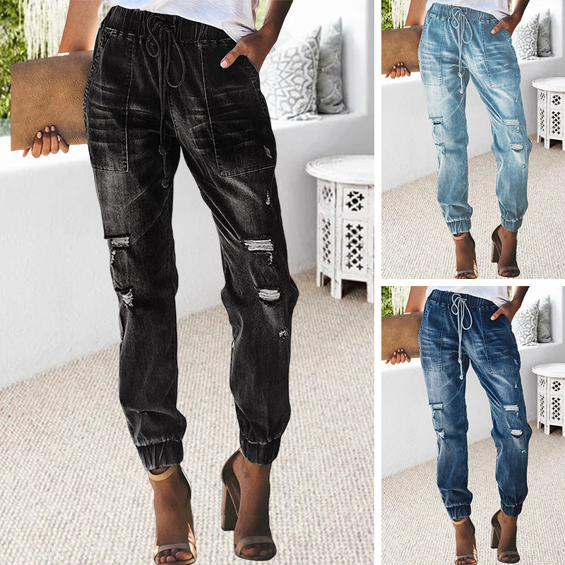 Comfortable Ripped Drawstring Jeans