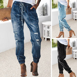 Comfortable Ripped Drawstring Jeans